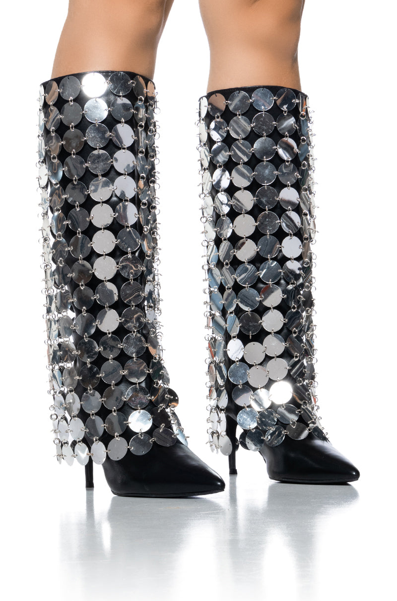 Front View Azalea Wang Carmmelita Silver Metal Disc Boot 