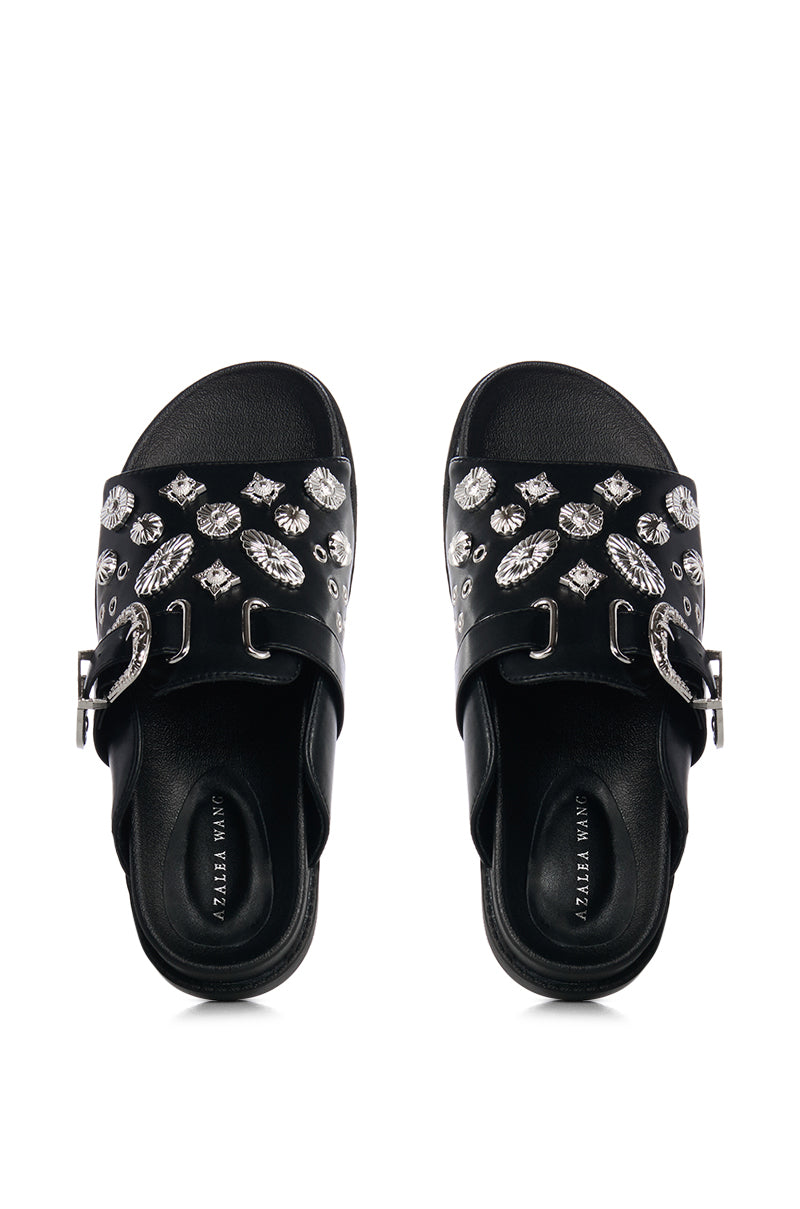 Side View Azalea Wang Cassandra Black Silver Charm Slide On Sandal 1