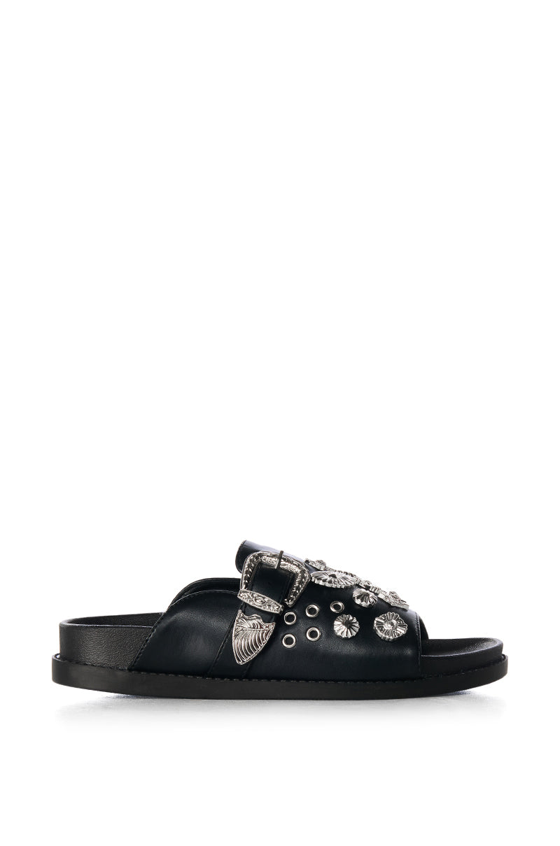 Back View Azalea Wang Cassandra Black Silver Charm Slide On Sandal 2