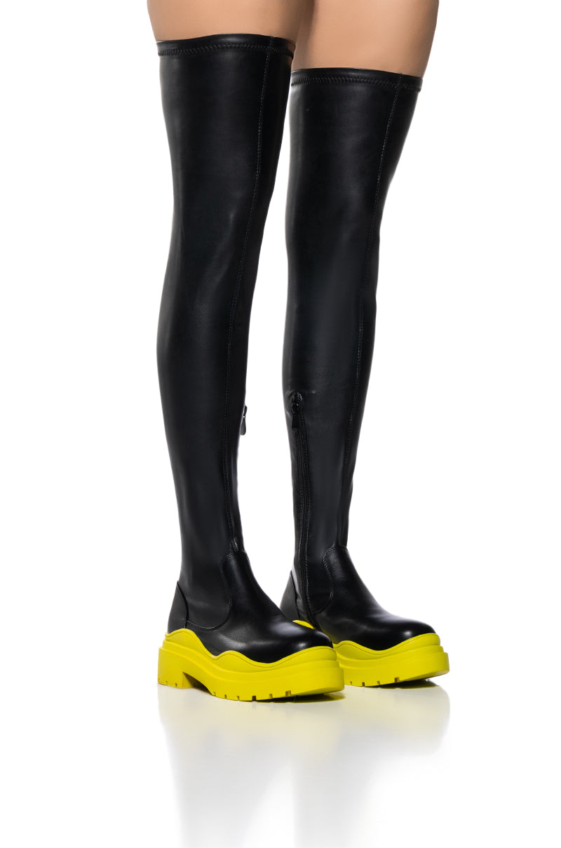 Front View Azalea Wang Centerpiece 4 Way Stretch Boot In Yellow