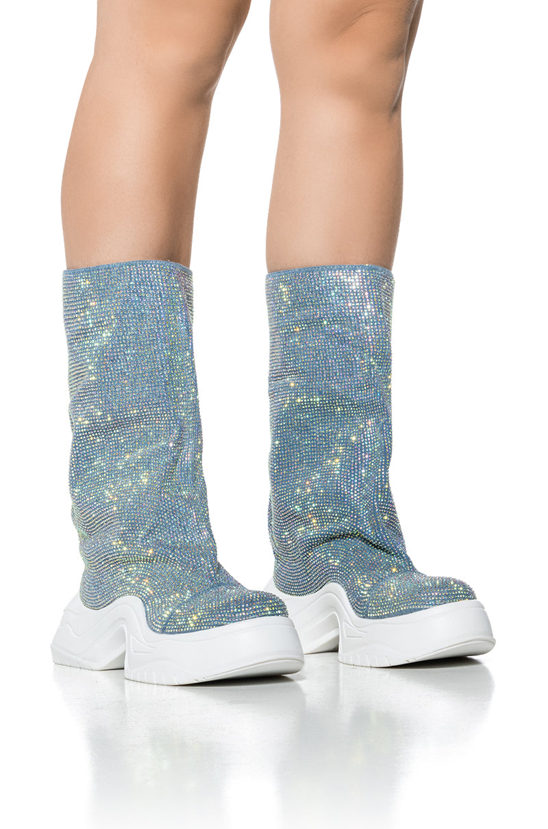 Front View Azalea Wang Chadwick Denim Rhinestone Bootie