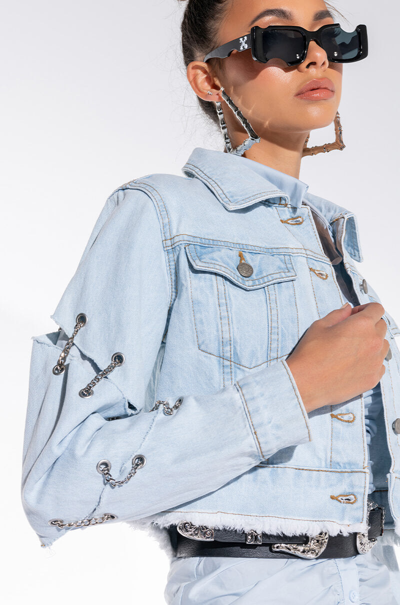 Front View Azalea Wang Chain Game Denim Jacket