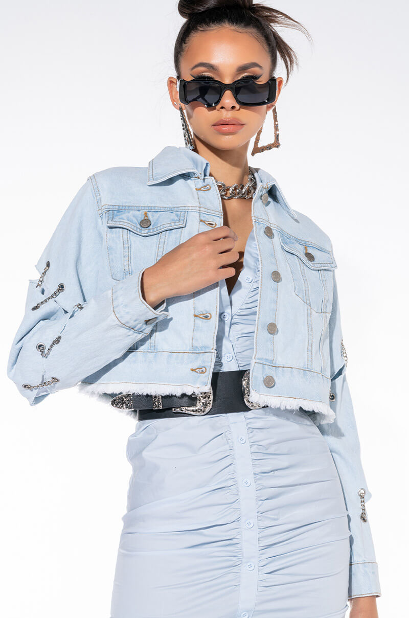 Side View Azalea Wang Chain Game Denim Jacket