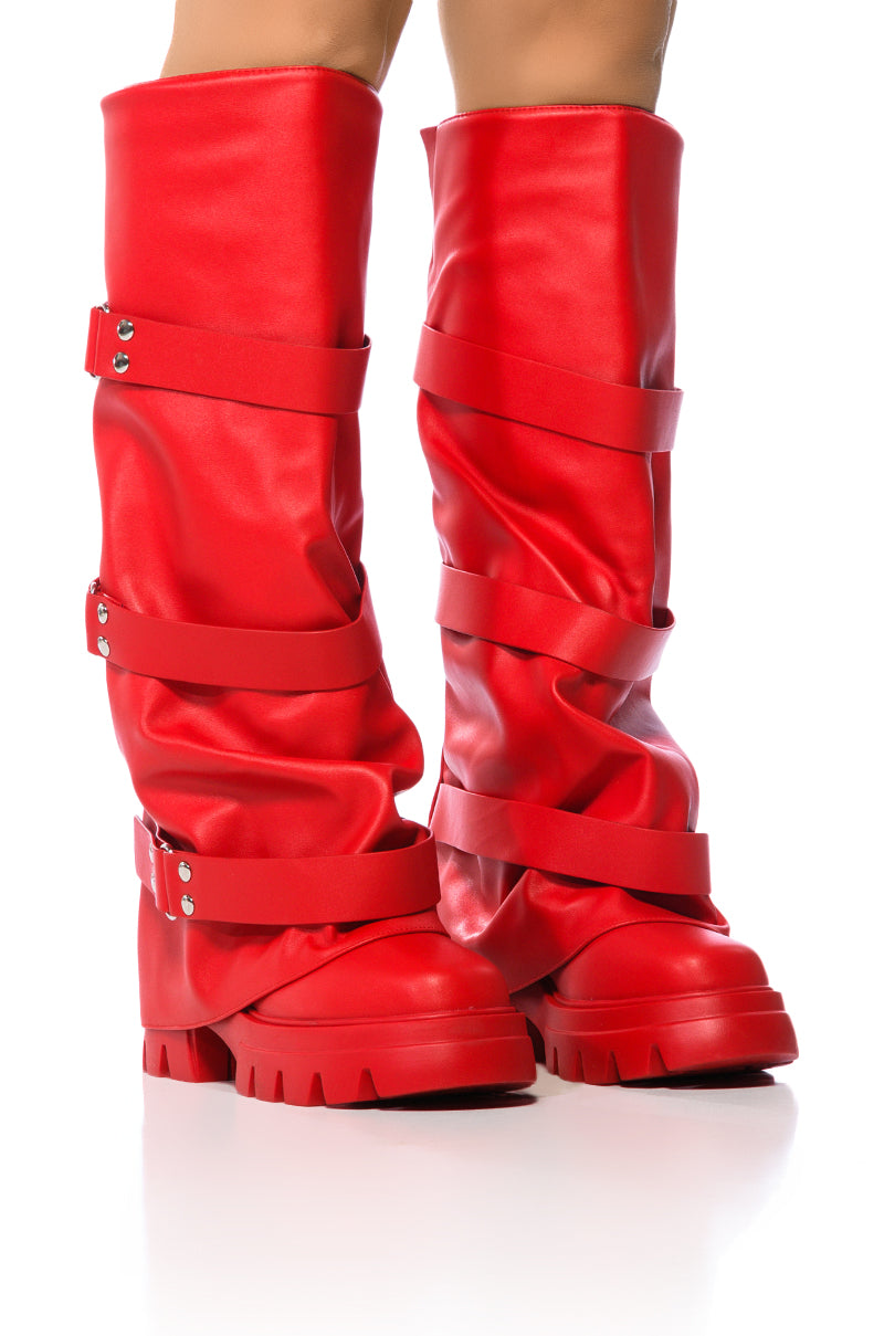 Front View Azalea Wang Charna Fold Over Flatform Boot In Red 0