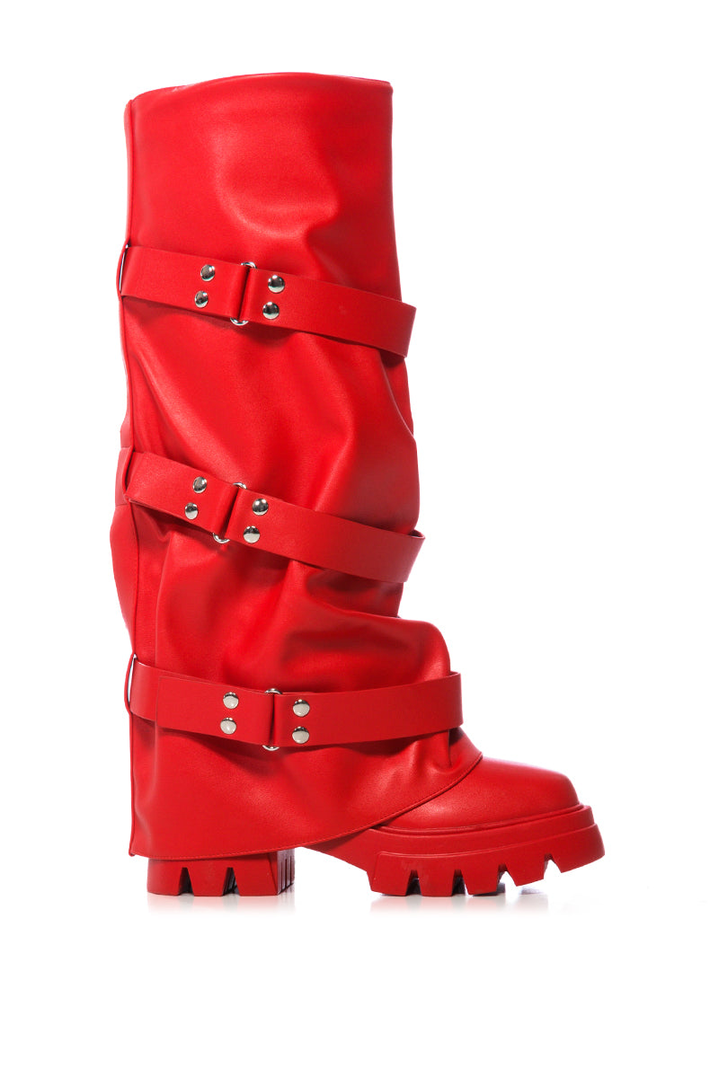Side View Azalea Wang Charna Fold Over Flatform Boot In Red 1