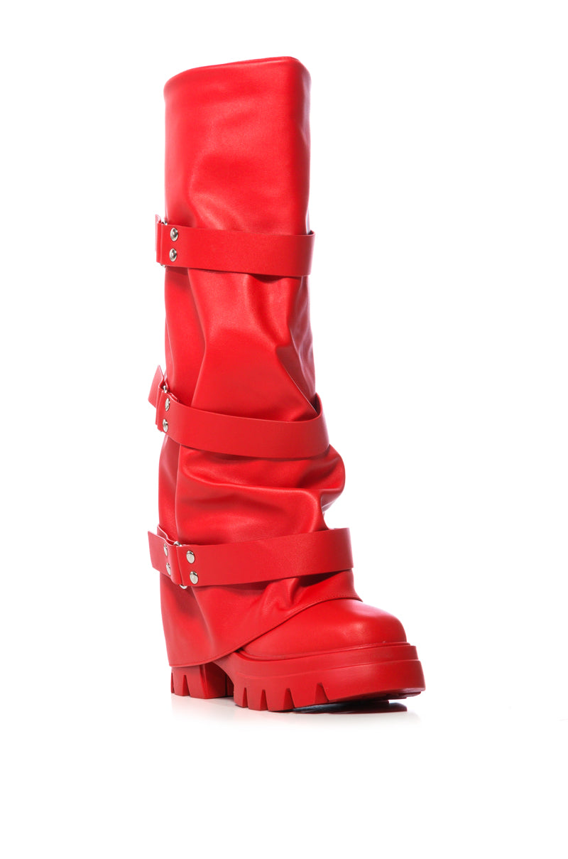 Back View Azalea Wang Charna Fold Over Flatform Boot In Red 2