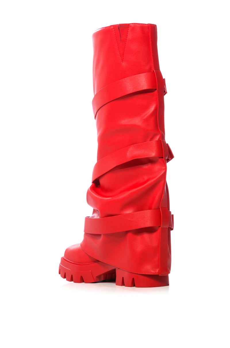 Detail View Azalea Wang Charna Fold Over Flatform Boot In Red 3