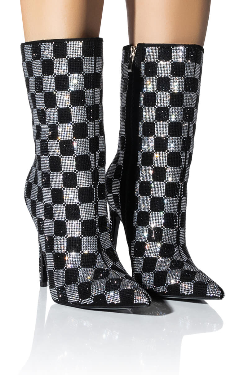 Front View Azalea Wang Checkerboard Bling Stiletto Bootie In Black