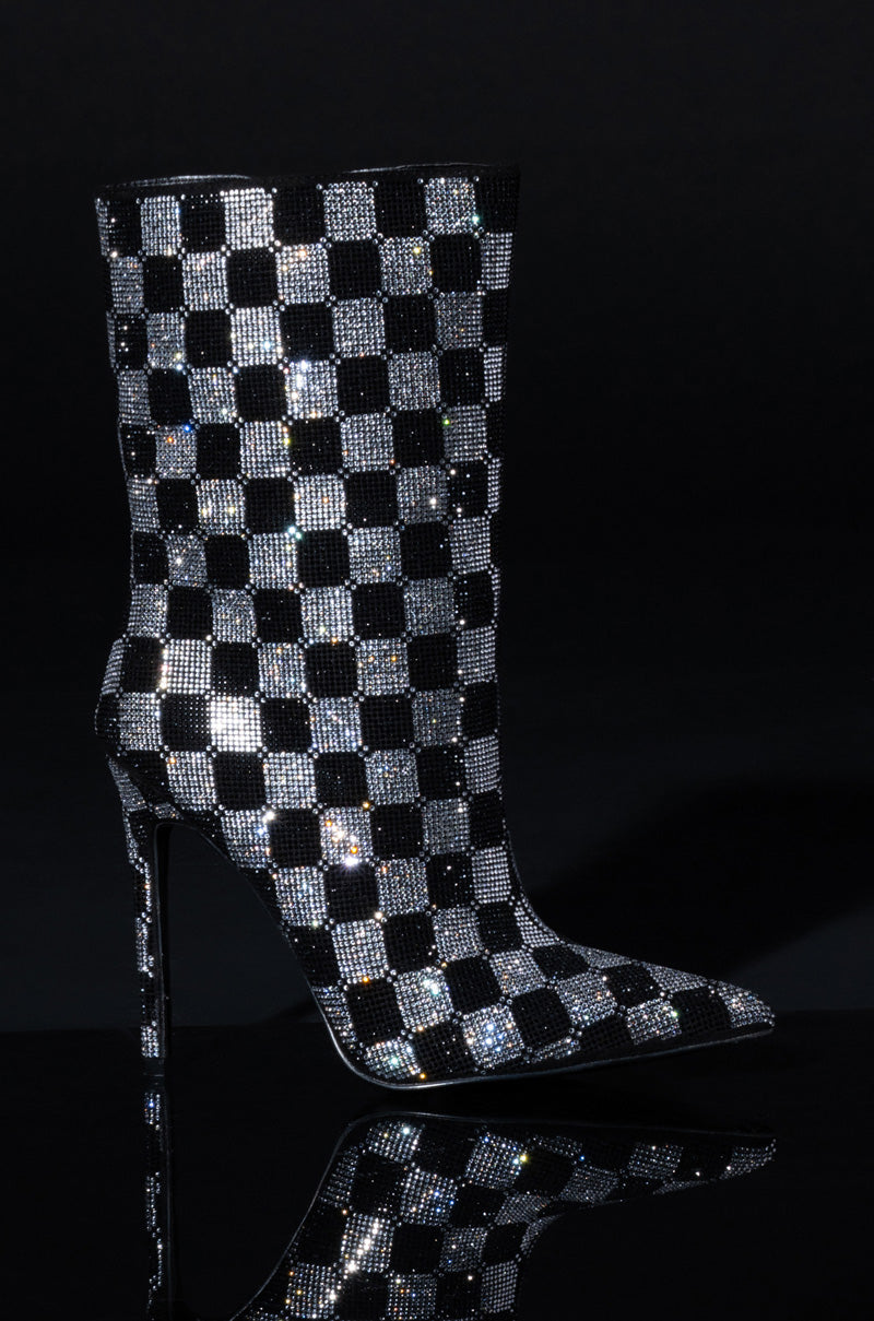 Side View Azalea Wang Checkerboard Bling Stiletto Bootie In Black