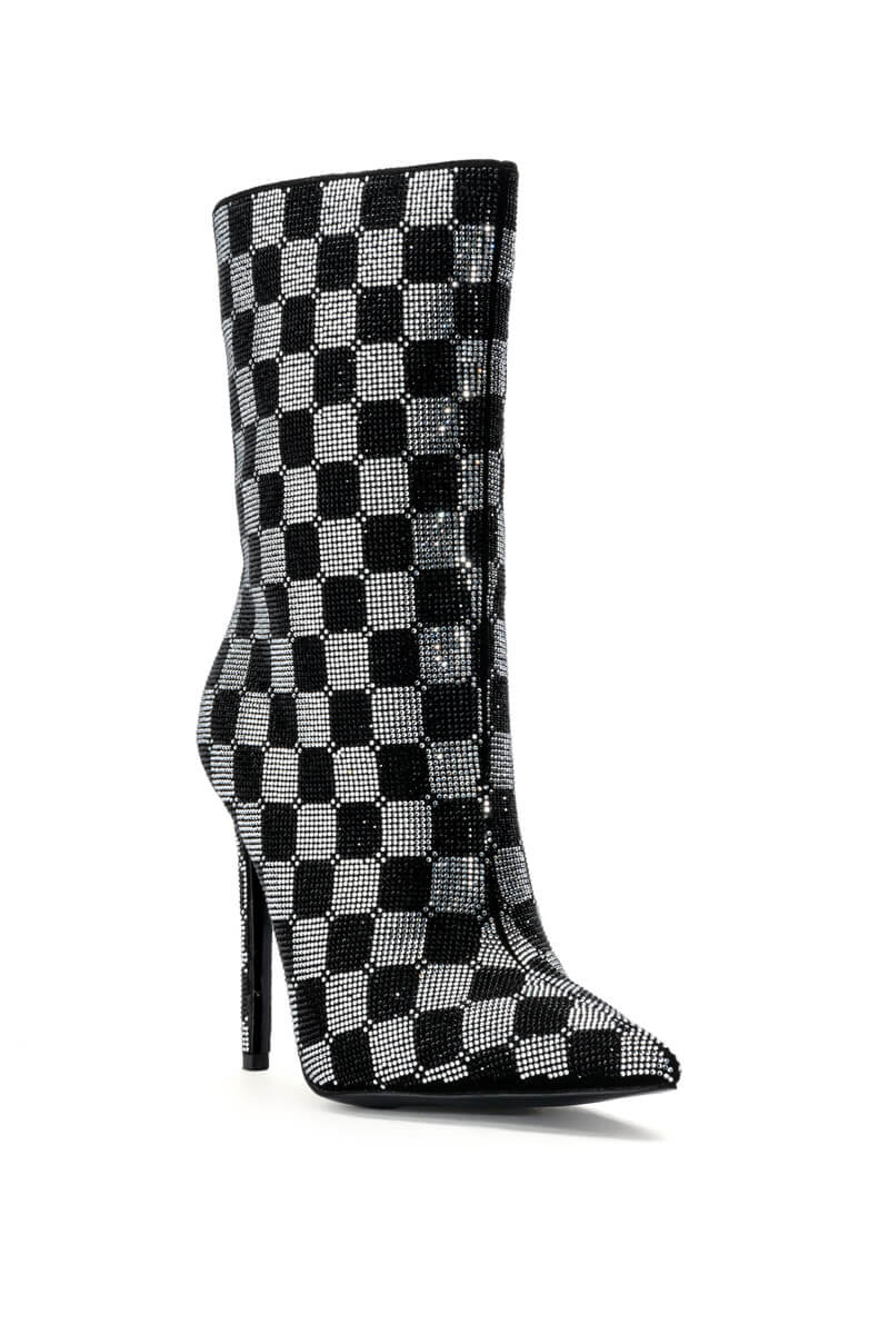 Back View Azalea Wang Checkerboard Bling Stiletto Bootie In Black