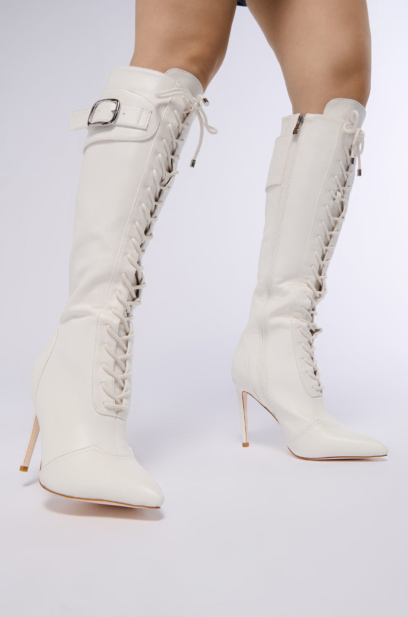 Front View Azalea Wang Chelsea White Lace Up Stiletto Boot