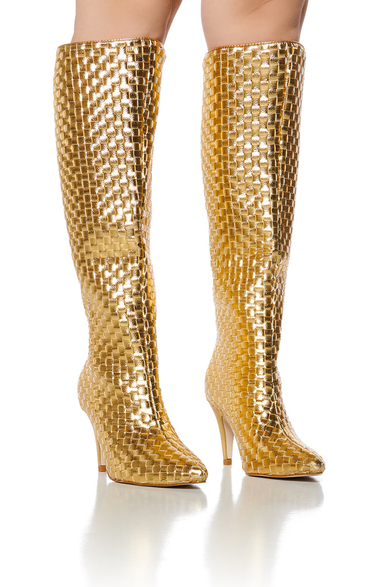 Front View Azalea Wang Cherimoya Woven Gold Boot