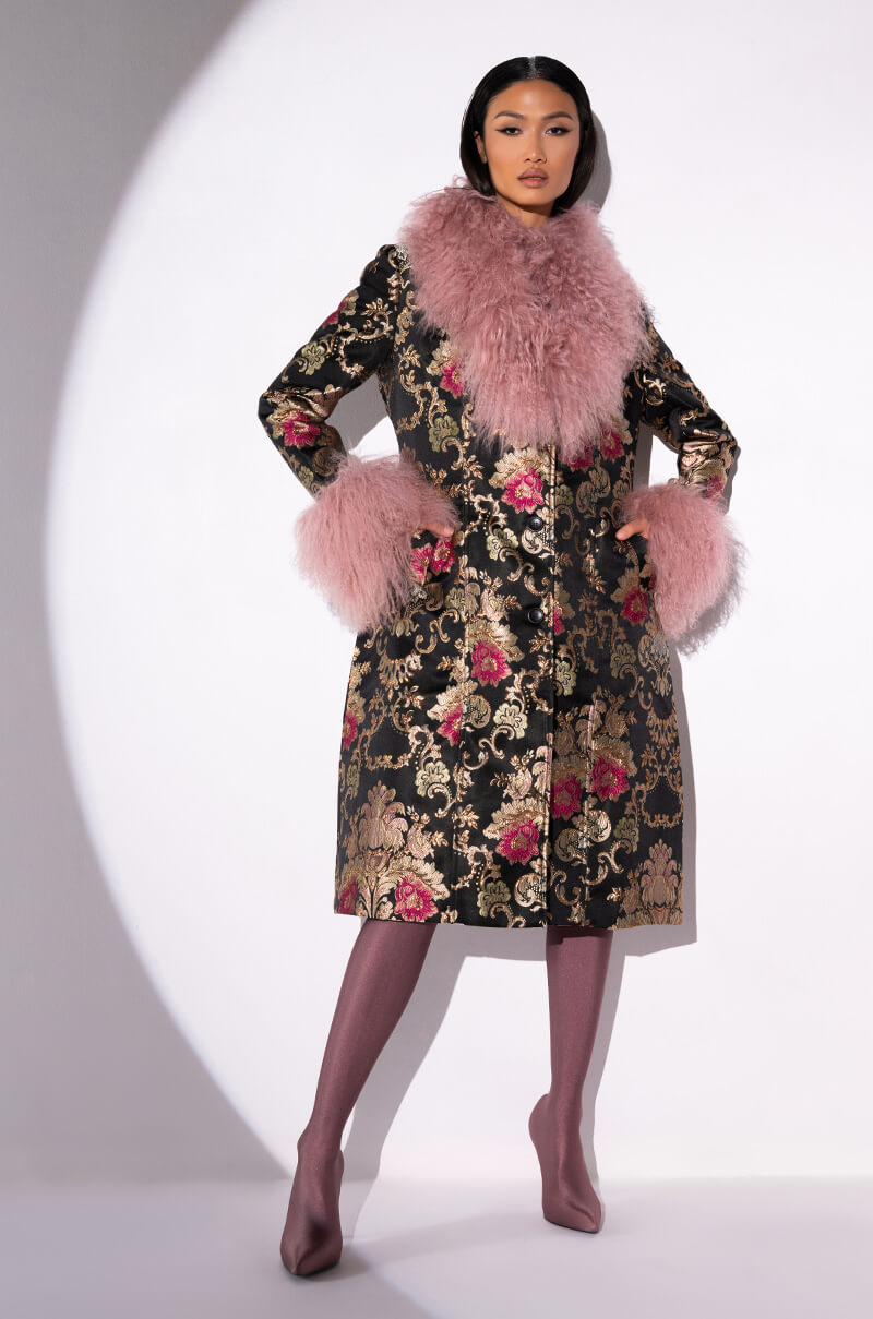 Side View Azalea Wang Cherry Lane Brocade Trench With Mohair Fur