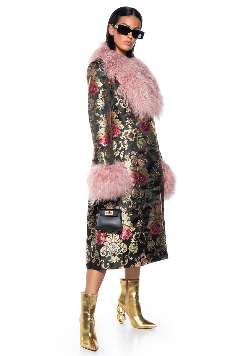 Side View Azalea Wang Cherry Lane Brocade Trench With Mohair Fur