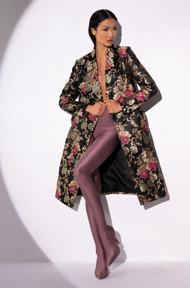 Back View Azalea Wang Cherry Lane Brocade Trench With Mohair Fur