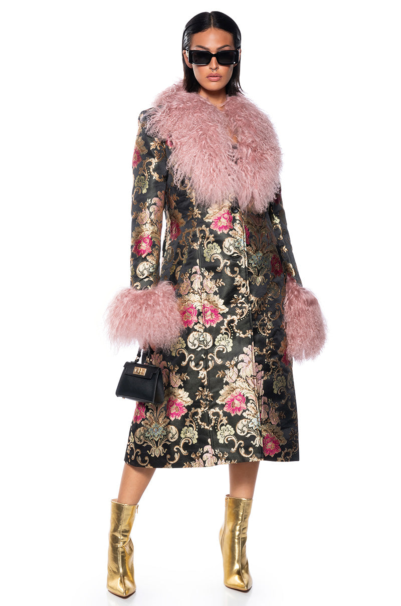 Back View Azalea Wang Cherry Lane Brocade Trench With Mohair Fur