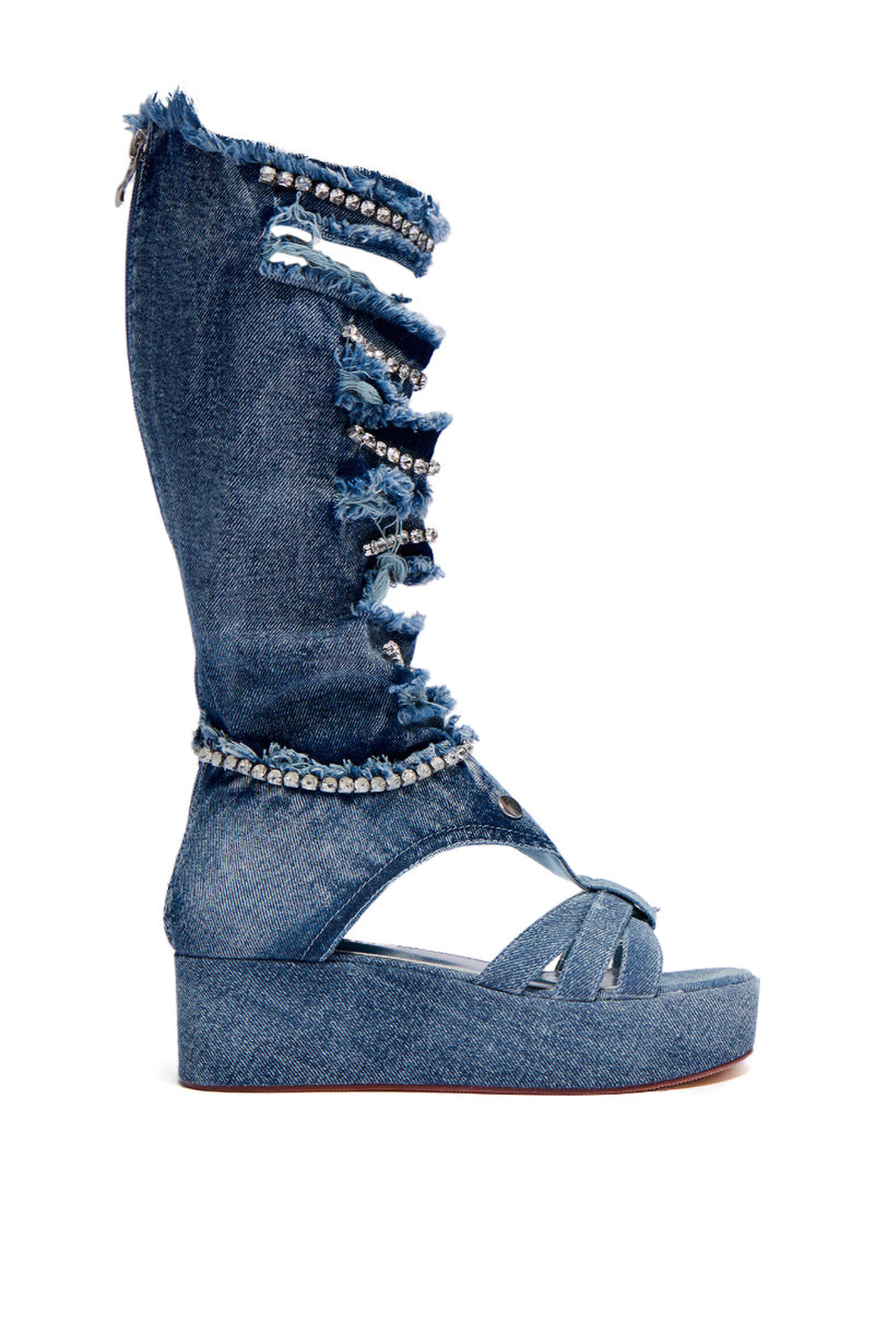 Side View Azalea Wang Chidi Denim And Diamonds Gladiator Sandal 3