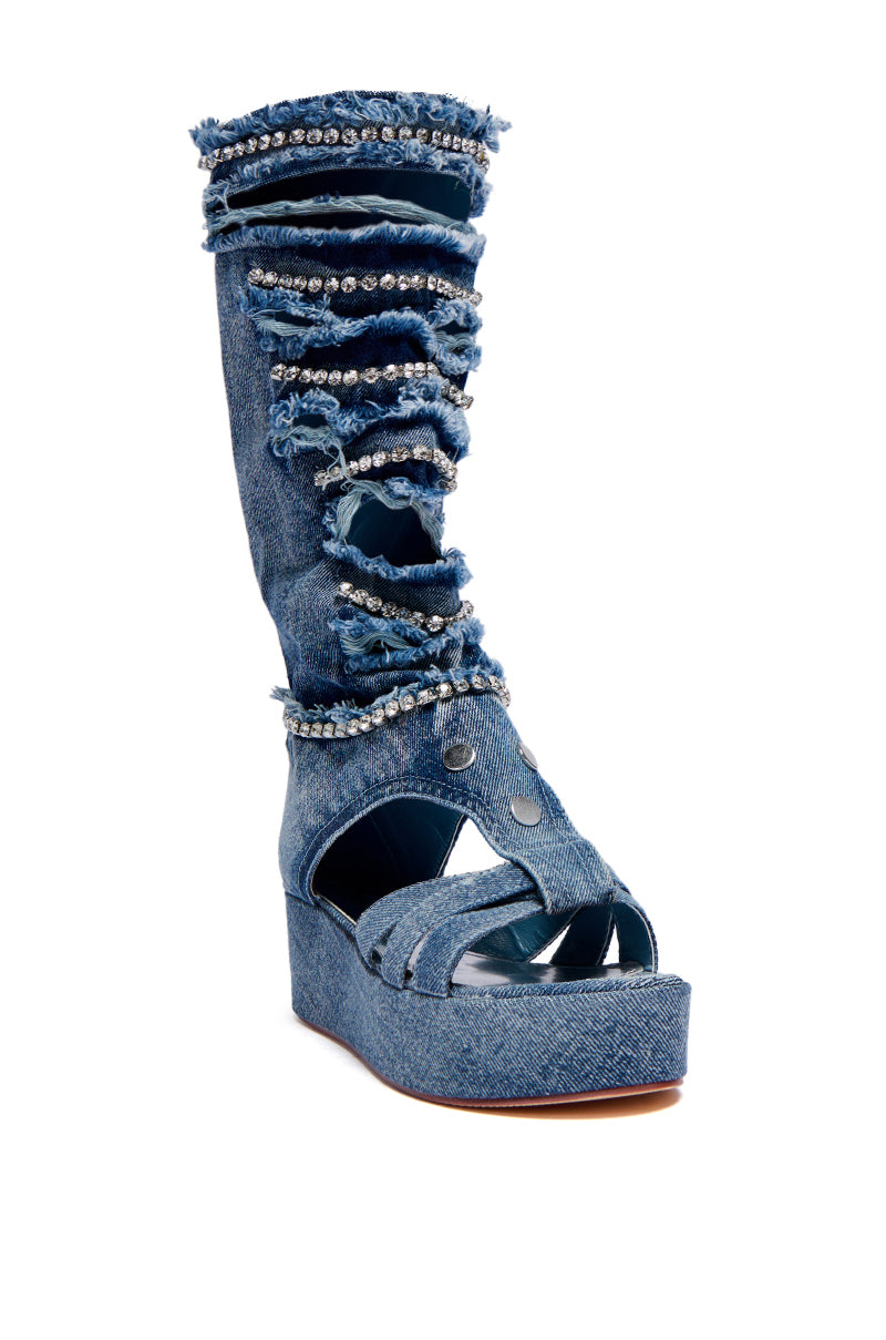 Back View Azalea Wang Chidi Denim And Diamonds Gladiator Sandal 4