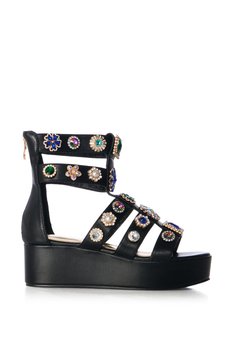 Side View Azalea Wang Cillian Black Embellished Gladiator Sandal