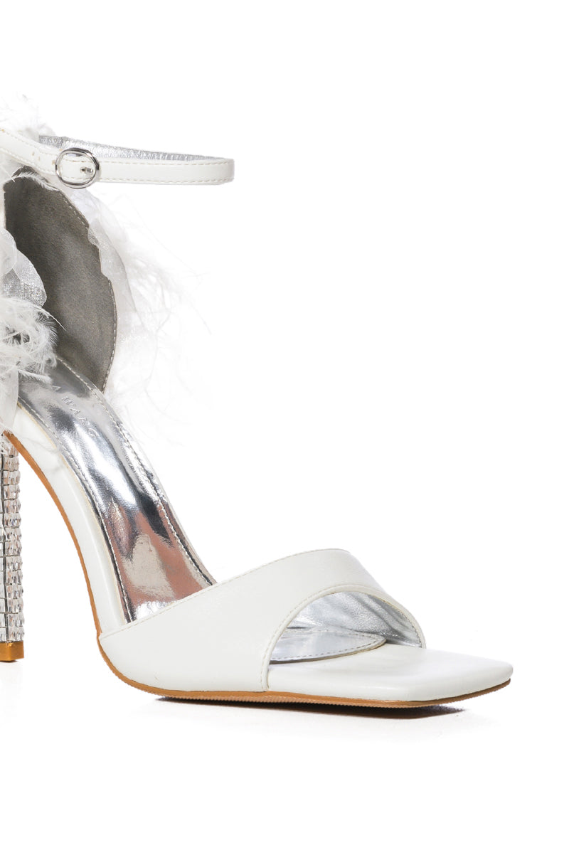 Full View Azalea Wang Clarice Feather Sandal With Rhinestone Stiletto Heel In White