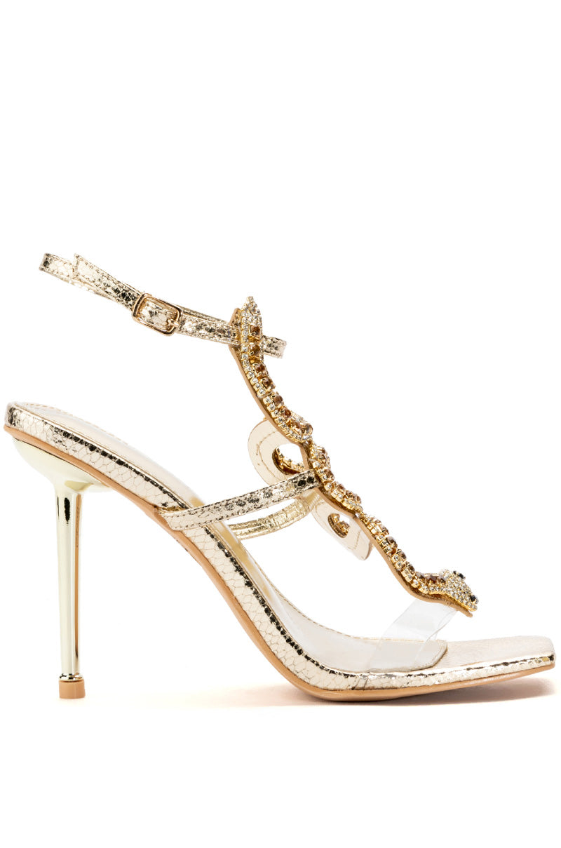 Side View Azalea Wang Cobra Snake Rhinestone Stiletto Heel In Gold