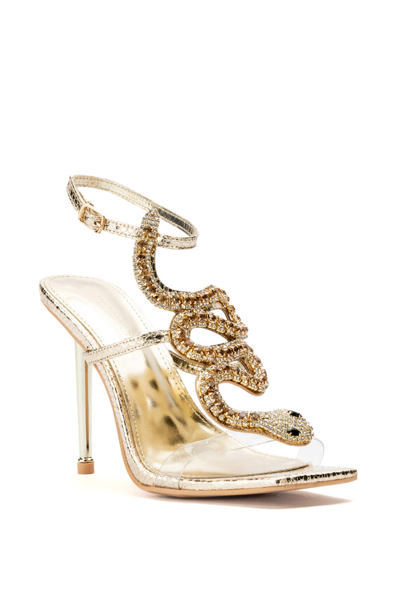 Back View Azalea Wang Cobra Snake Rhinestone Stiletto Heel In Gold