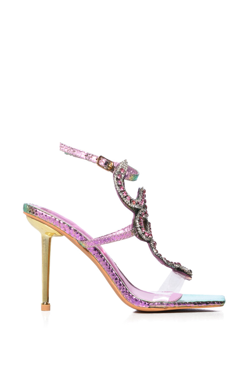 Side View Azalea Wang Cobra Snake Rhinestone Stiletto Heel In Metallic