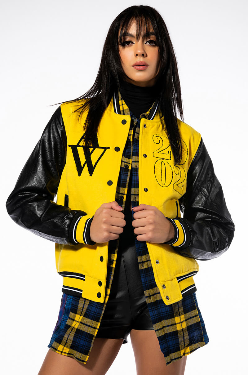Front View Azalea Wang Collegiate Black And Yellow Varsity Bomber