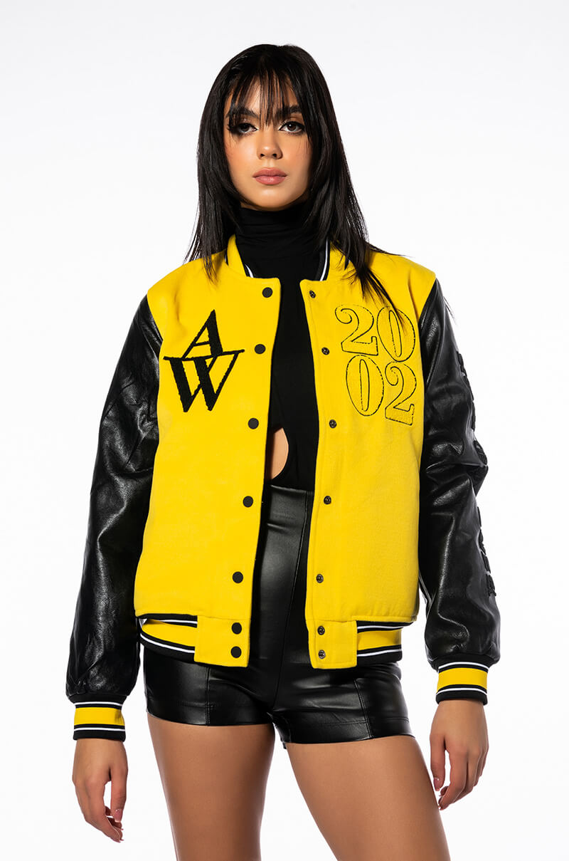 Back View Azalea Wang Collegiate Black And Yellow Varsity Bomber