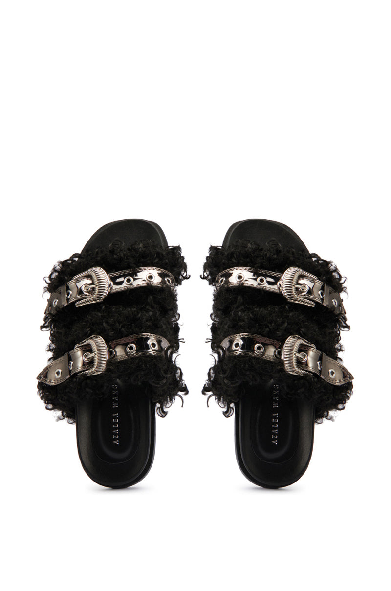 Side View Azalea Wang Colter Faux Fur Slip On Sandal