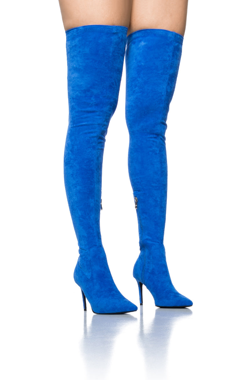 Front View Azalea Wang Concolor Blue Suede Thigh High Boot