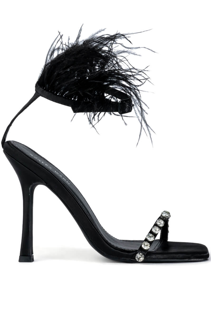 Side View Azalea Wang Confetti Feather Stiletto Sandal In Black