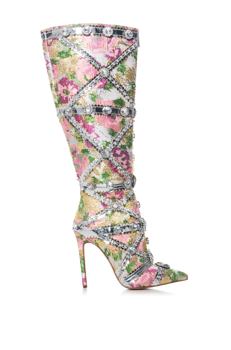 Side View Azalea Wang Confident Baby Pink Brocade Embellished Boot
