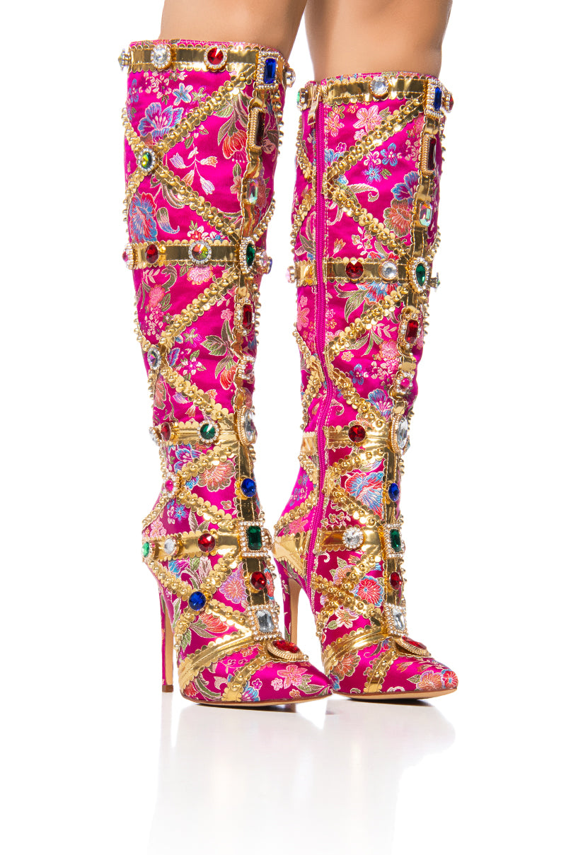 Front View Azalea Wang Confident Embellished Boot In Pink