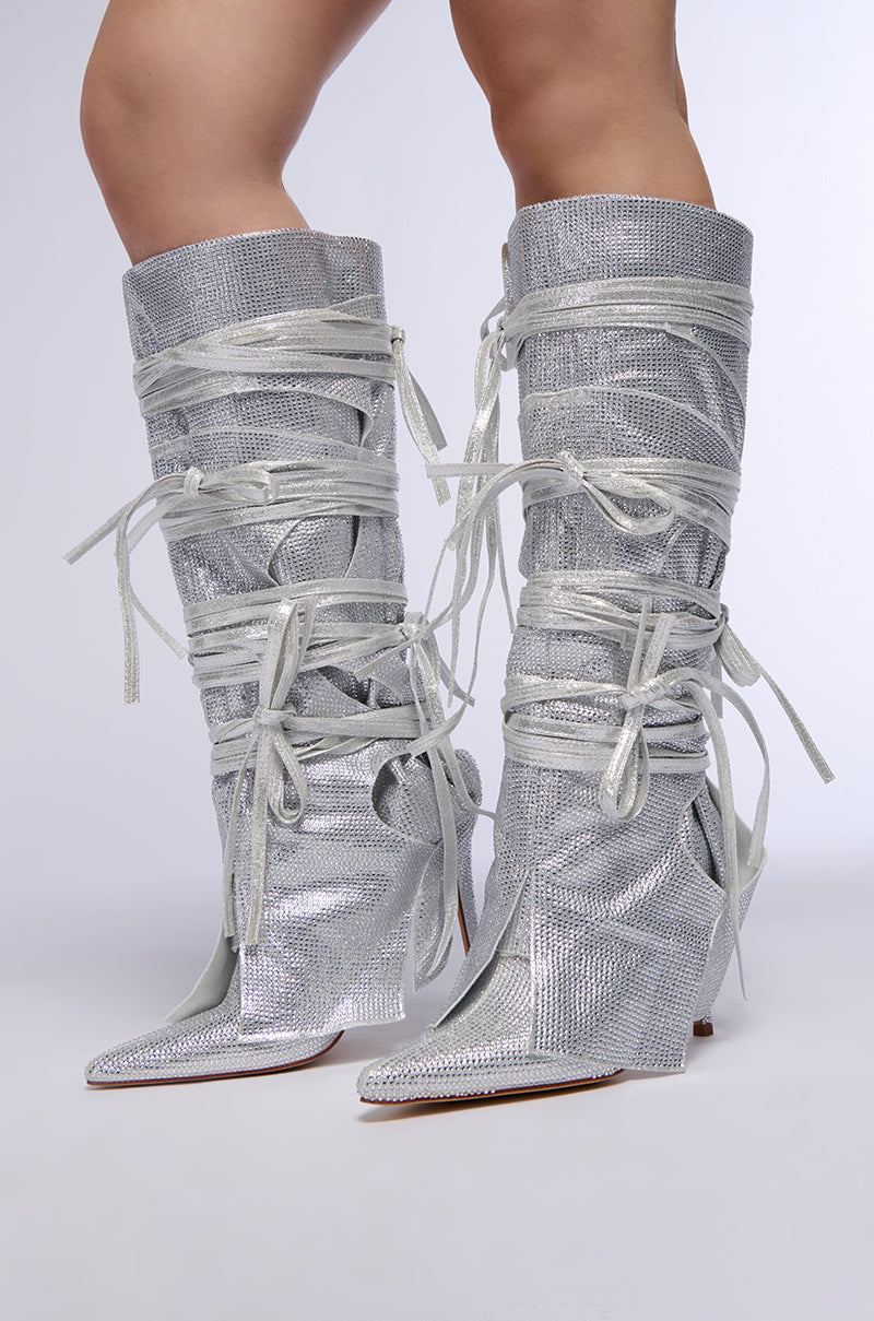Side View Azalea Wang Cordial Silver Rhinestone Boot