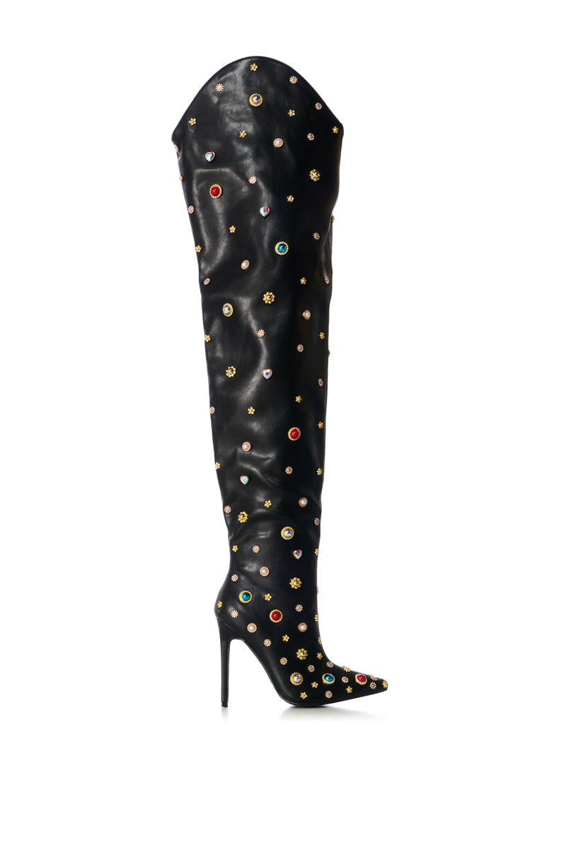 Side View Azalea Wang Corinne Embellished Above The Knee Boot In Black