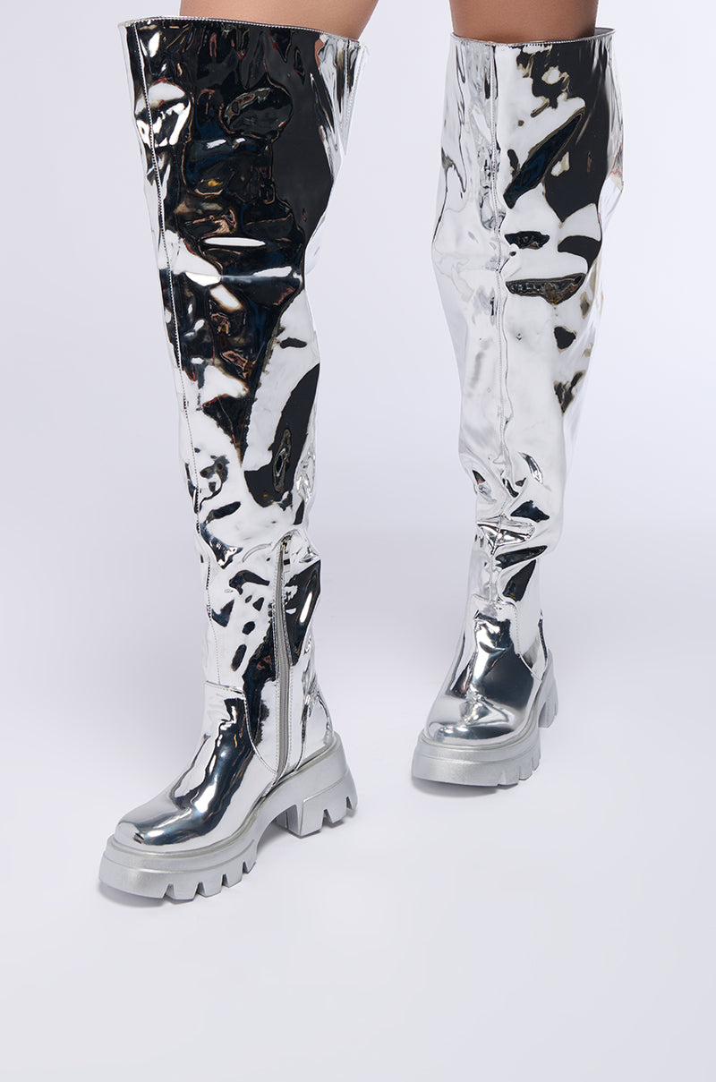 Front View Azalea Wang Cortland Silver Thigh High Boot 1