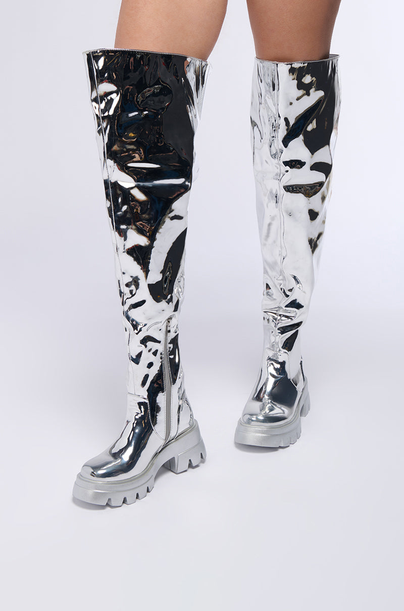 Front View Azalea Wang Cortland Silver Thigh High Boot 2