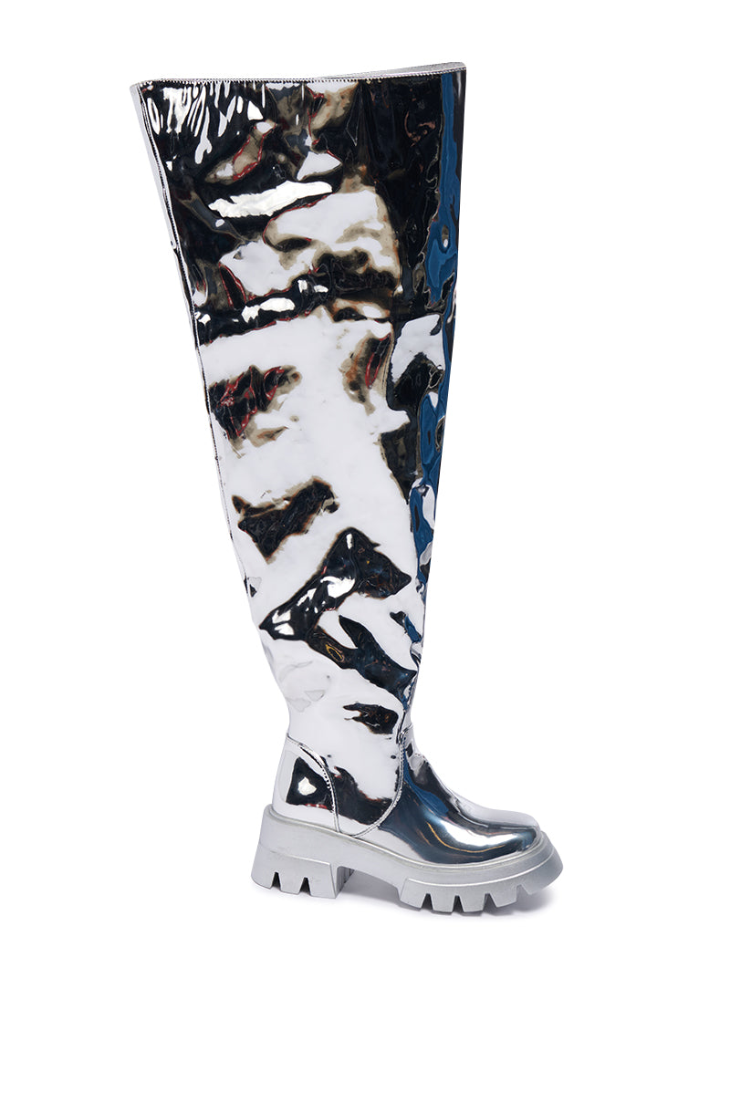 Side View Azalea Wang Cortland Silver Thigh High Boot 3