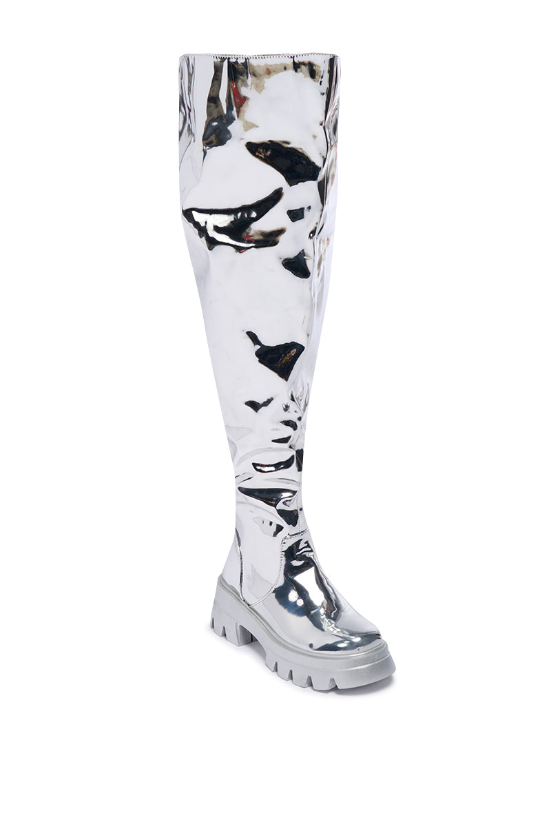 Back View Azalea Wang Cortland Silver Thigh High Boot 4