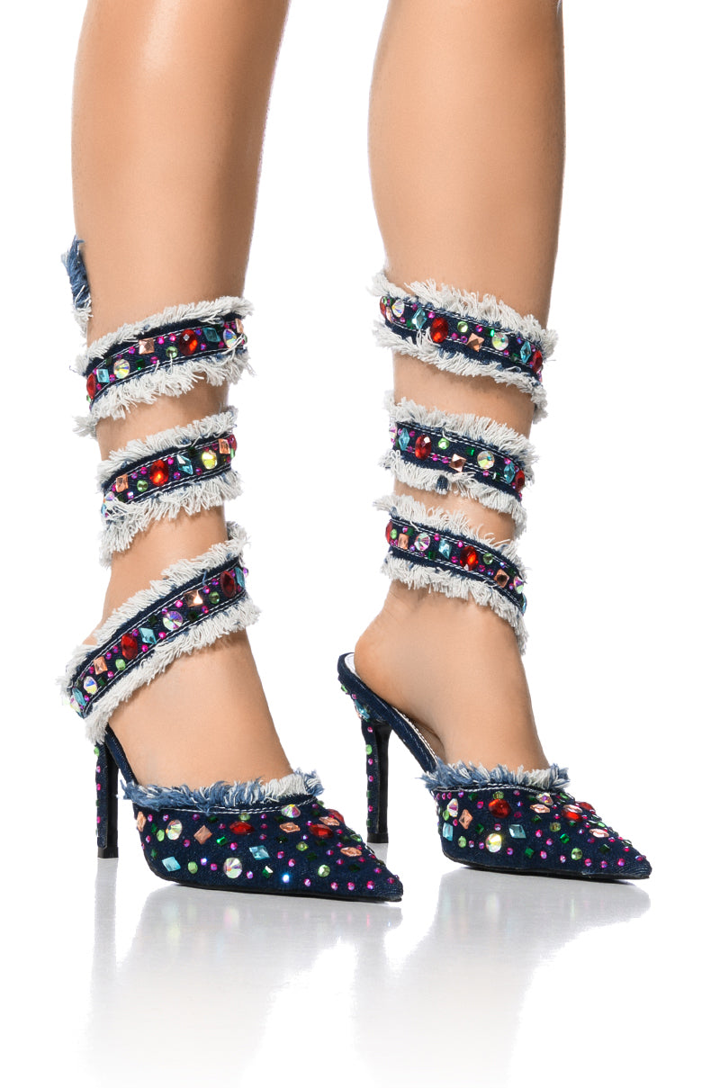 AZALEA WANG COURTNEY EMBELLISHED COIL WRAP STILETTO PUMP IN DENIM view 0