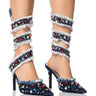 Front View Azalea Wang Courtney Embellished Coil Wrap Stiletto Pump In Denim