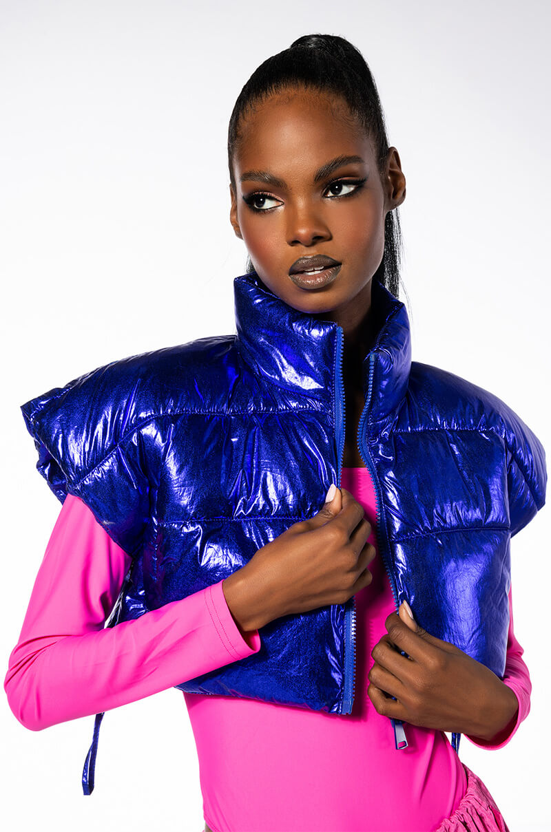 Side View Azalea Wang Cozy Chic Ultra Cropped Vest In Metallic