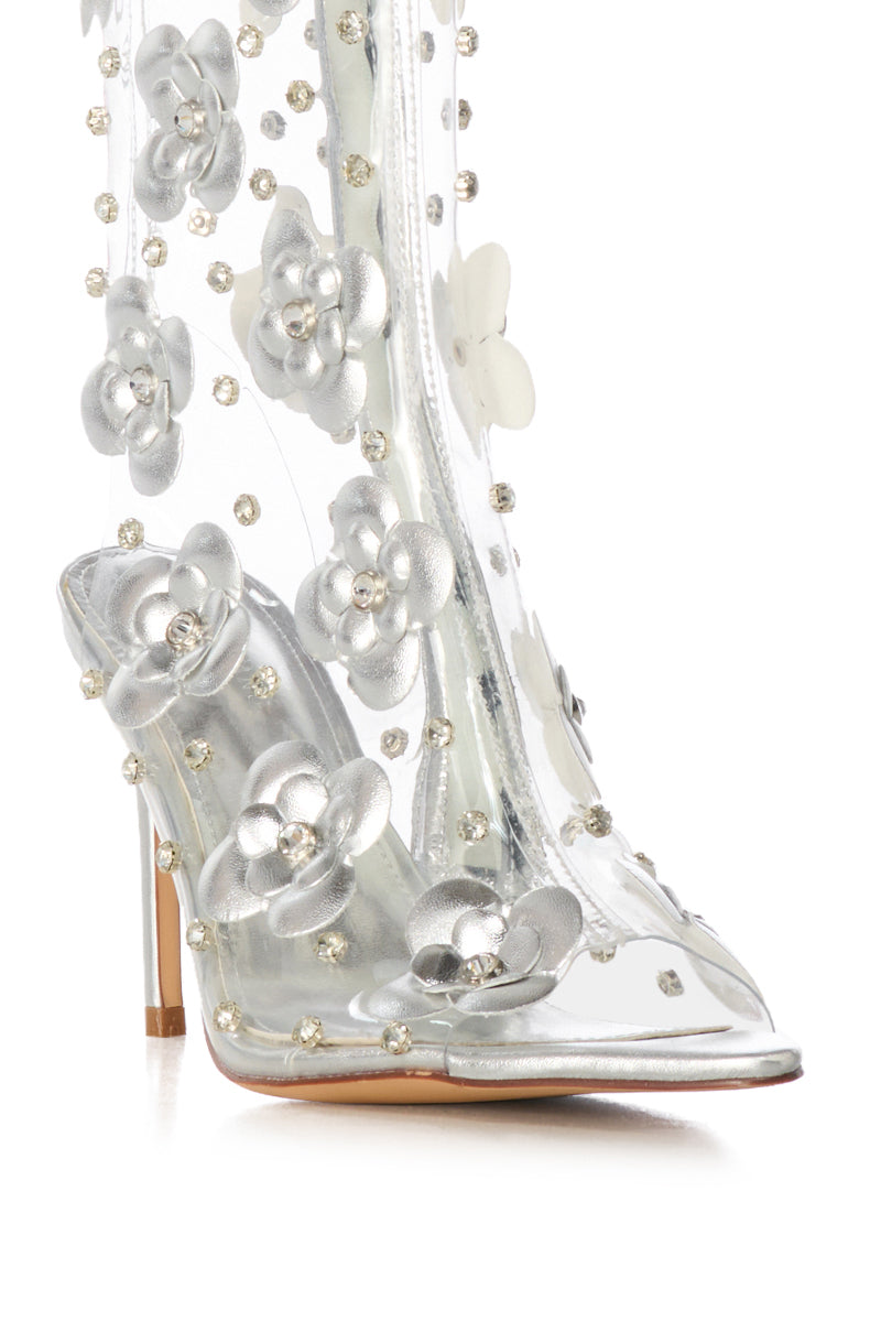 Full View Azalea Wang Cressa Silver Pvc Flower Bootie