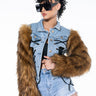 Front View Azalea Wang Crush On You Lace Up Denim Jacket With Faux Fur Sleeves