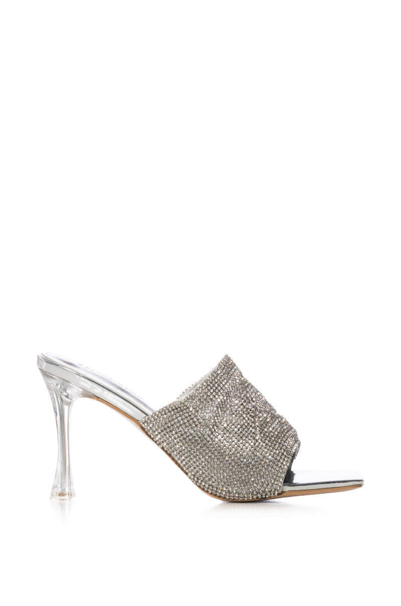 Side View Azalea Wang Crux Rhinestone Chainmail Stiletto Sandal In Silver