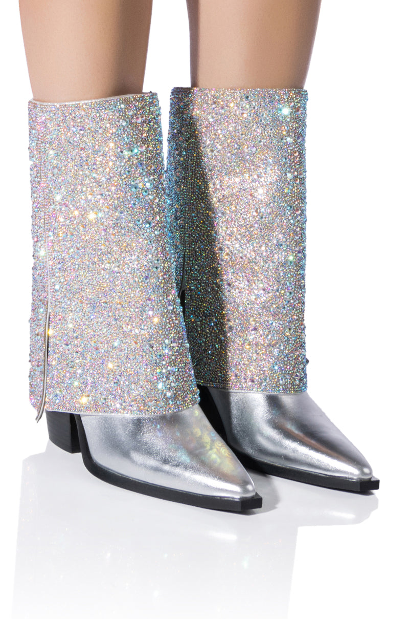 Front View Azalea Wang Crystalized Rhinestone Embellished Western Boot In Silver