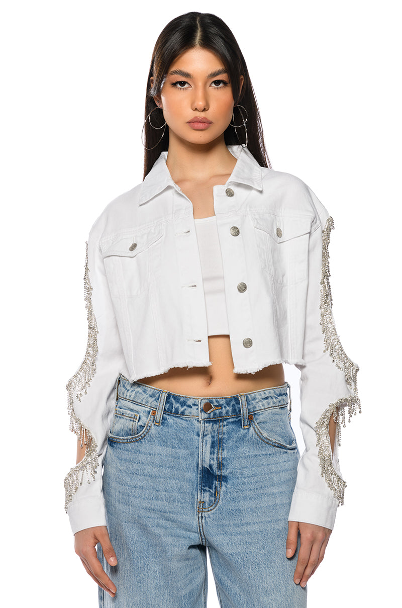 Front View Azalea Wang Cut Out Arm Rhinestone Denim Jacket