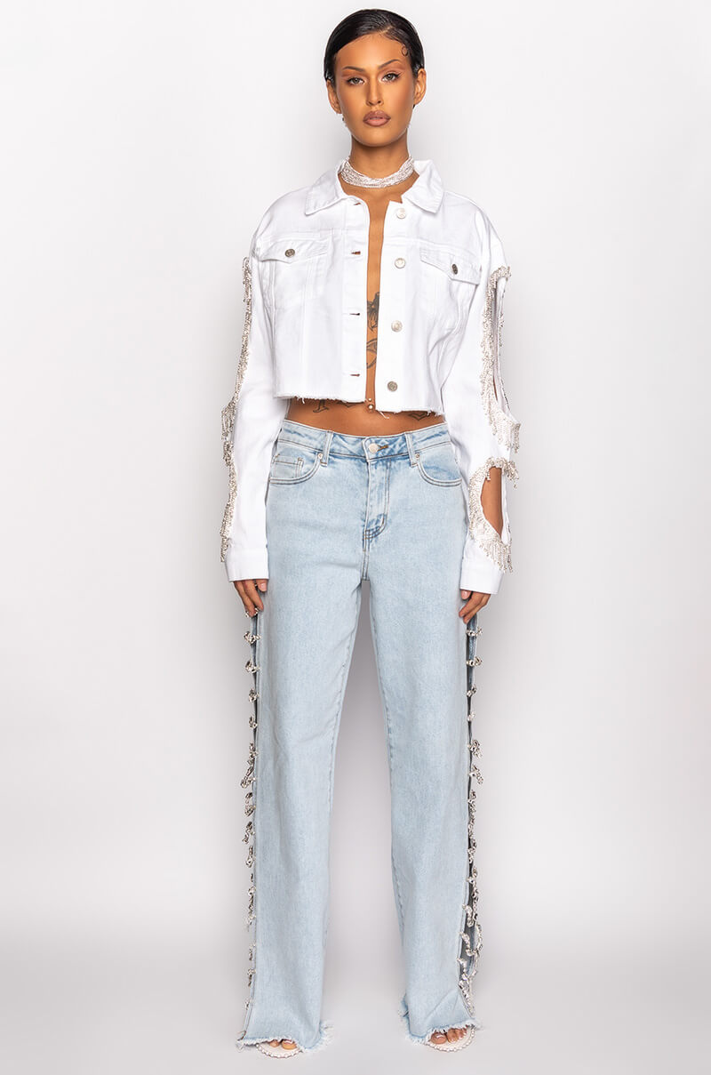 AZALEA WANG CUT OUT ARM RHINESTONE DENIM JACKET – AKIRA