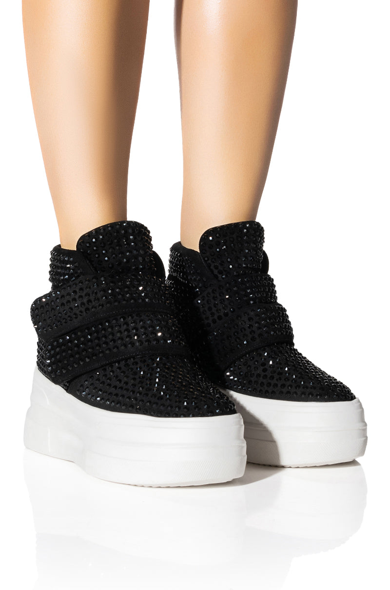 Front View Azalea Wang Cyber Rhinestone Embellished Platform Sneaker In Black